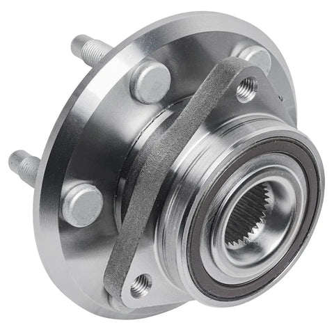 Close-up of 2 Wheel Bearing Hubs Set For Chevy Traverse GMC Acadia Buick Enclave Saturn Outlook ABS Models Replacement Front Or Rear Hub Assemblies With Bearings, Pair Of High Quality Hub Assemblies For Front Or Rear Axle, ABS Compatible And Durable.