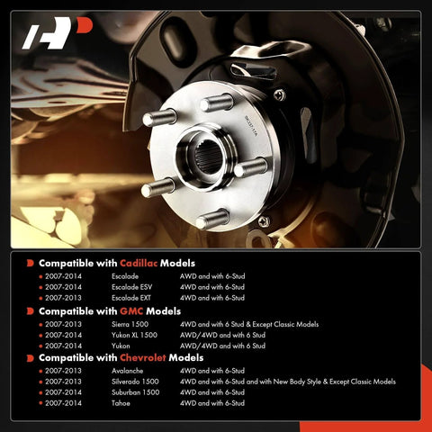 Image of 2 Pack Front Wheel Bearing Hub Assembly for 4WD Chevy Silverado Tahoe Suburban Avalanche GMC Sierra Yukon XL and Cadillac Escalade ESV EXT, 6 Lug with ABS Sensor, shown installed on vehicle.