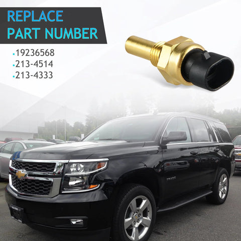 Engine coolant temperature sensor with brass threaded body and black connector, shown near a black Chevrolet SUV.