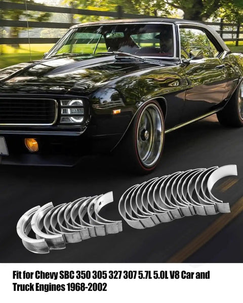 Main And Rod Bearings Kit For Chevy Small Block V8 Engines 1968 To 2002 5 0L And 5 7L with classic car in background