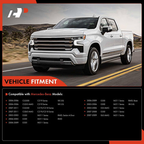 Vehicle fitment chart with Mercedes-Benz model list for suspension components compatibility.