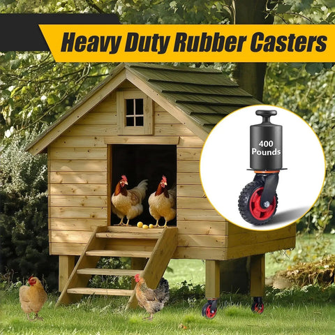 Six Inch Caster Wheels Set With Two Swivel And Two Fixed Heavy Duty Swivel Plate Casters Knobby Rubber Tread installed on chicken coop
