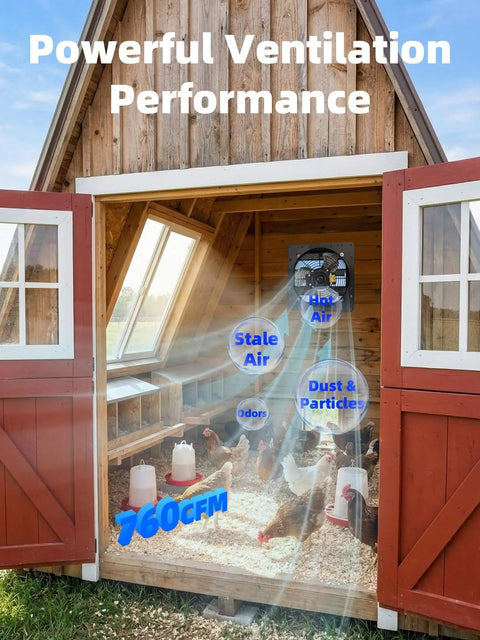 8 Inch Shutter Exhaust Fan With 760 CFM High Speed Wall Mounted Ventilation for chicken coop, showing airflow effects.