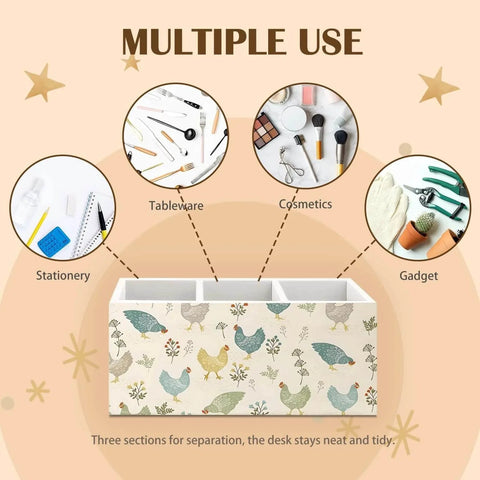 Farmhouse Chicken Wooden Utensils Holder with three compartments displaying uses for tableware, cosmetics, stationery, and gadgets.