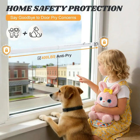 Child and dog by window with Heavy Duty Adjustable Sliding Door Security Bar For Home And Travel Anti Pry Door Stopper