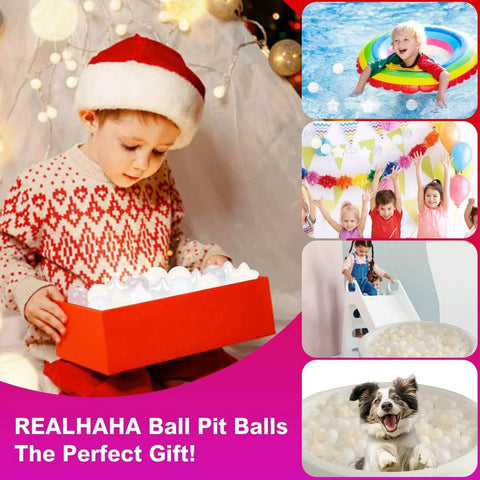 Child opening box of Ball Pit Balls 100 PCS, Star Shapes for Babies Kids Playpen Plastic Balls, beige white clear, with smiling children and puppy