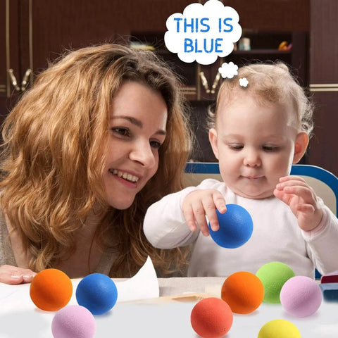 Mother and child with 12 Pieces Soft Foam Balls Lightweight Mini Play Balls for Safe Indoor Toys Fun Vibrant Assorted Colors Orbs Unique Birthday Party Favors for Boys and Girls.