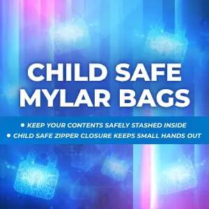 Promotional image of 1000 Count All Black Mylar Bags, highlighting child-safe zipper closure on a blue and pink background.