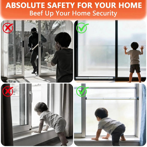 Adjustable Sliding Door And Window Safety Rods Four Pack 17 To 50 Inch Rubber Tip Locks Durable Window And Door Security Bars For Home Apartment Travel And Patio White Child Safe For Kids And Pets shown installed on doors and windows to prevent unauthorized access.