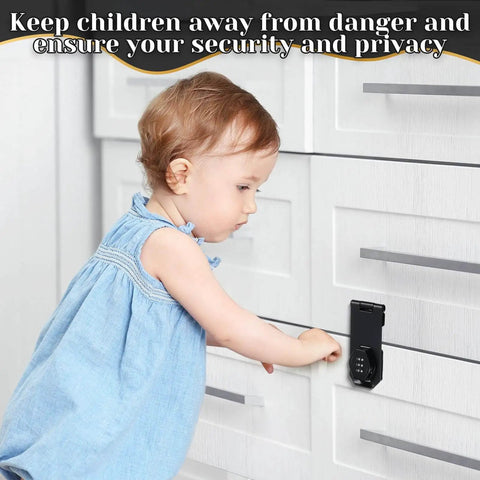 Child near cabinet with Three Pack 4 Inch Password Rotary Hasp Locks For Doors Cabinets Barn Doors And Outdoor Use Mechanical Combination Slide Latch Lock Sturdy Zinc Alloy Construction With Screw Or Glue Mount installed.