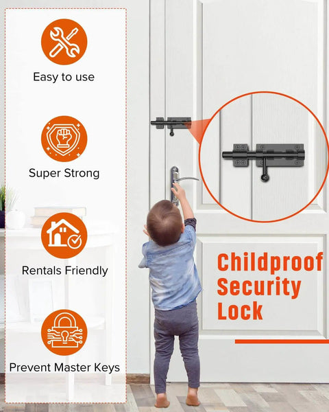 Child reaching for a securely latch gates with a heavy duty slide bolt gate latch in 304 stainless steel with a durable black electroplating finish.