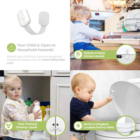 Multifunctional child safety locks without screws or magnets, installed on cabinets, drawers, and toilet seats using 3M adhesive.