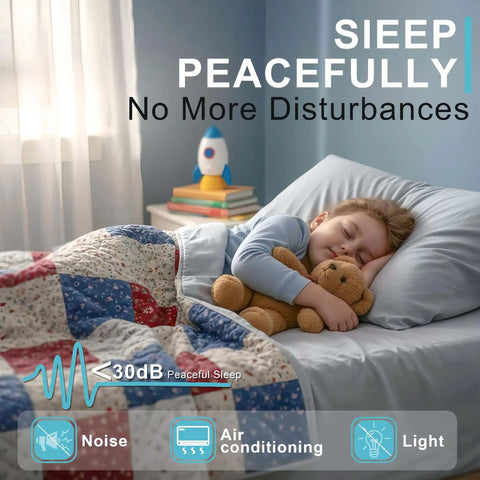 Child sleeping peacefully with a teddy bear in a bed, surrounded by noise, air conditioning, and light icons, promoting a quiet environment.