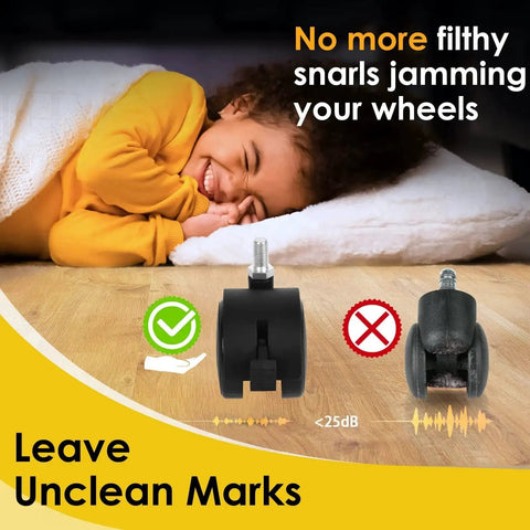 Child laying beside two 2 Inch Stem Swivel Caster Wheels With Brakes Replacement For Furniture, highlighting smooth and clean wheels.
