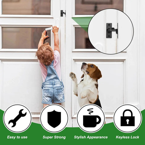 Child and dog in front of white door with 1 Pack Flip Gate Latch 2 4 Inch Stainless Steel Right Angle Slide Lock shown in a black finish