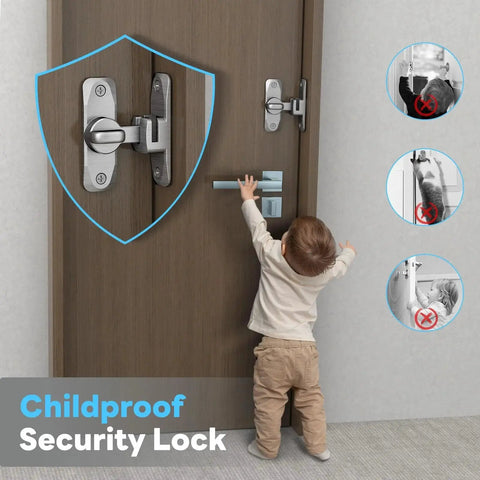 Childproof security lock on door with toddler reaching handle, highlighting safety features and metal latch design.