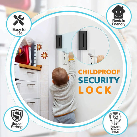 Child reaching for door with childproof security lock installed in home setting.