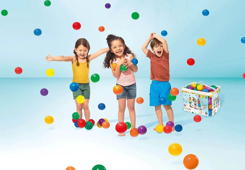Children playing with Set of 100 Plastic Fun Balls for Ball Pits and Bounce Houses, Multi-Colored - 100-Count Soft Colorful Toddler-Safe Toys