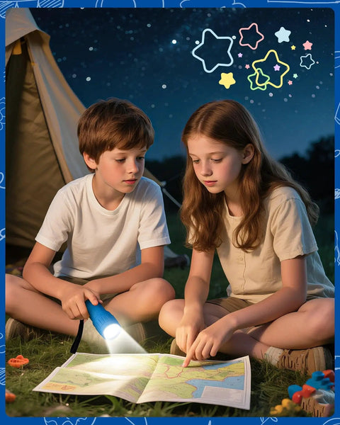 Children using a 9-LED Flashlight from a 6-Pack with Lanyards in Assorted Colors for camping at night, reading a map beside a tent.