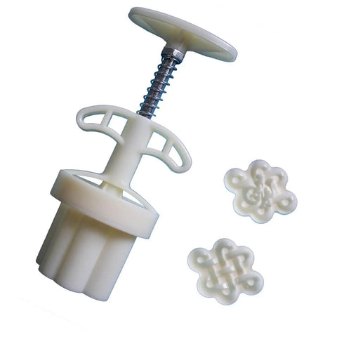 Hand Pressed Chinese Knot Cookie Molds For Flexible Plastic Pastries And Desserts 3D Pattern Baking Mold High Temperature Resistant ABS And Stainless Steel Ideal For Festive Treats And DIY Baking By HapGlan showing mold and stamps