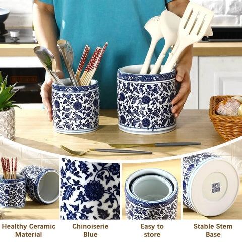 2 Pcs Blue and White Kitchen Utensil Holder 5"+6.1" Ceramic Kitchen Cooking Holder with utensils for Countertop