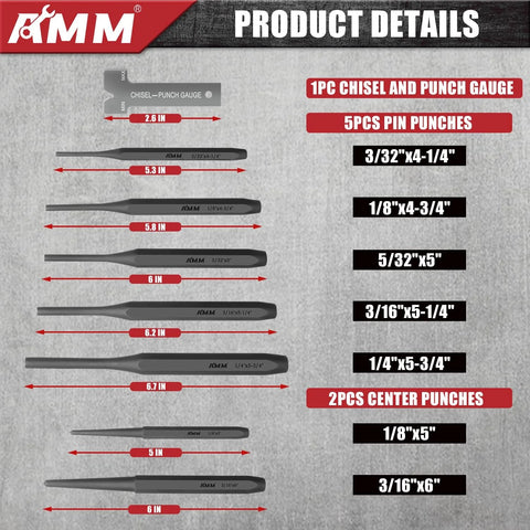 16 Piece Punch And Chisel Set With Taper Punches Cold Chisels Pin Punches And Center Punch In Cr V Steel details and measurements