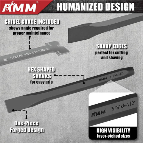 Infographic of 16 Piece Punch And Chisel Set With Taper Punches Cold Chisels Pin Punches And Center Punch In Cr V Steel with features highlighted