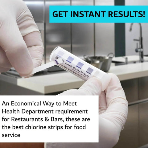 Person using Chlorine Test Strips for Restaurants and Food Services, 1 x Vial of 100 Sanitizer Test Strips in a kitchen