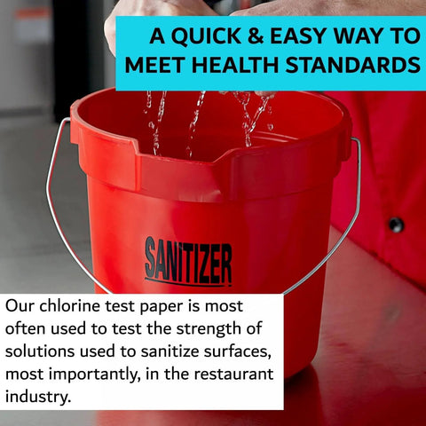 Chlorine Test Strips for Restaurants and Food Services with red sanitizer bucket and text about testing solutions for safety compliance.