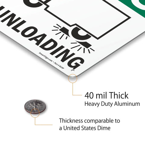 Close-up of Chock Wheels Before Loading And Unloading Sign For Drivers, 10 by 14 inch aluminum, showing thickness compared to a dime.