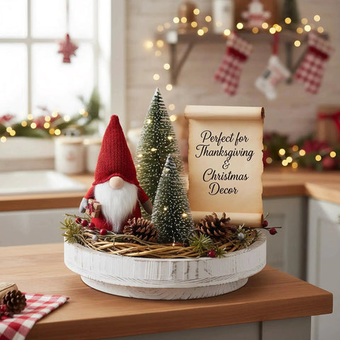 Holiday-themed kitchen counter decor with a white round tray, gnome, mini trees, pinecones, and a sign reading 'Perfect for Thanksgiving & Christmas Decor.'