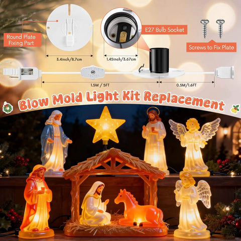 Lit 4 Set Christmas Blow Mold Light Kit Replacement With Female Plugs E27 E26 Cord Kit displayed with glowing village holiday decor