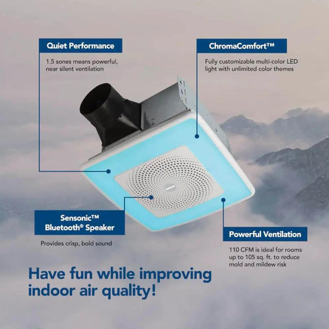 ChromaComfort Bluetooth Bathroom Exhaust Fan With 110 CFM One Point Five Sones 24 Color LED Light And Built In Speaker SPK110RGBL, blue light feature
