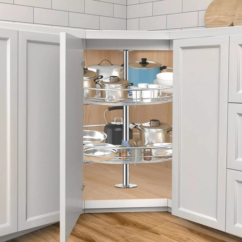 Chrome 24 Inch Corner Cabinet Lazy Susan full circle rotating rack shown in kitchen cabinet with cookware.