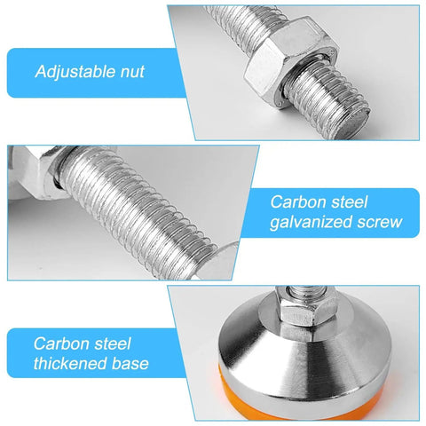 Close-up of adjustable nut, carbon steel galvanized screw, and thickened base of Heavy Duty Adjustable Chrome Plated Furniture Leveling Feet Set Of 4 With M12 Thread And 2.28 Inch Base Diameter Anti Skid Rubber Feet Swivel Levelers For Furniture Tables Workbenches And Machinery.
