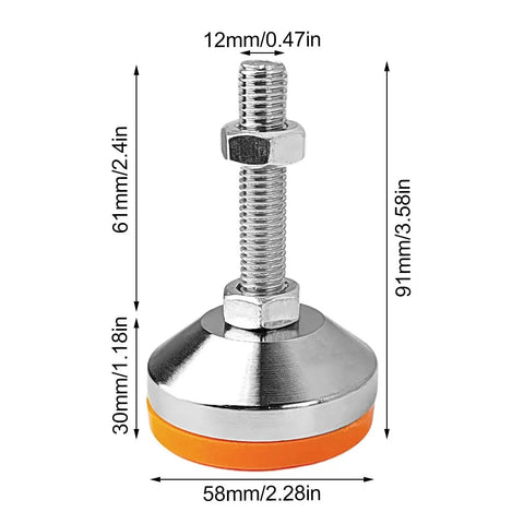 Heavy Duty Adjustable Chrome Plated Furniture Leveling Feet Set Of 4 With M12 Thread And 2.28 Inch Base Diameter, shown with size dimensions