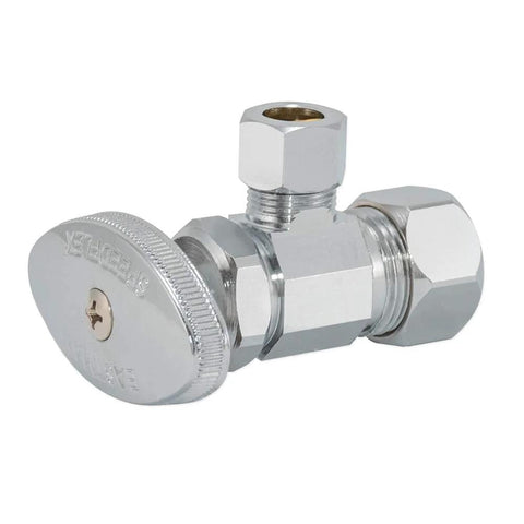 Angle stop valve, 3/8 in OD x 5/8 in OD compression, chrome brass, multi-turn