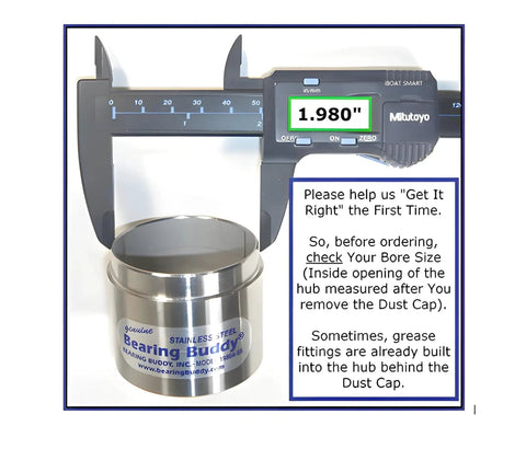 USA Made Chrome Plated Bearing Protector with Blue Grease Indicator, 1.980 Inch Diameter, shown with caliper for size verification.