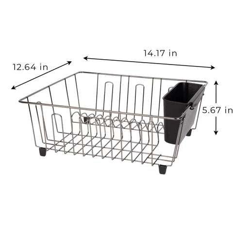 Small Dish Drainer Rack - Chrome/Black - 14 x 12.5 x 5.5 inches, shown in side view with dimensions, ideal for compact kitchens