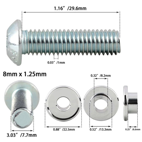Chrome M8 x 1.25 screws/bolts with measurements for Harley Touring Front Brake Disc/Rotor Hardware Kit 2009-2024 models.