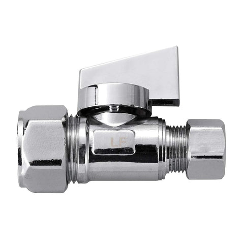 Shut-off valve with chrome brass, compression fittings, quarter-turn straight-angle, 1/2 in nominal, side view