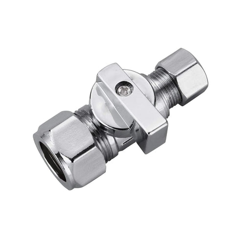 Chrome brass compression stop valve with dual compression fittings, quarter-turn operation