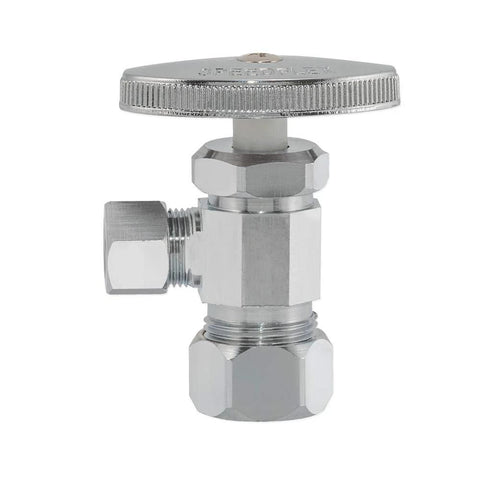 Chrome brass compression angle stop valve with round multi-turn handle for 3/8 in to 5/8 in compression fittings.
