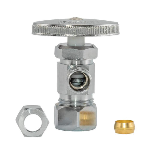 Chrome angle stop valve with 3/8 in to 5/8 in compression ends; includes 1 nut and 1 brass ferrule.