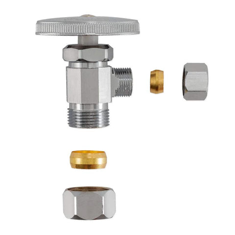 Angle stop valve, chrome brass, 3/8–5/8 in compression, multi-turn, disassembled components