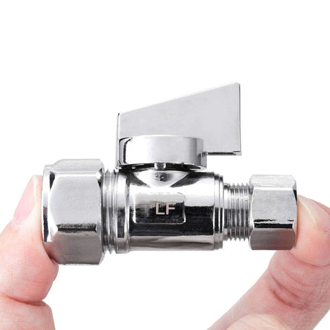 Chrome brass compression stop valve side view 1/2 in nominal 5/8 to 3/8 in OD compression fittings quarter-turn lever.
