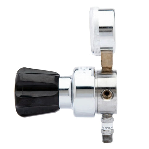 Side view of Lab Grade High Purity Chrome Plated Brass Gas Regulator For Nitrogen Helium Argon Carbon Dioxide Hydrogen Oxygen 0 To 250 PSI Two Stage