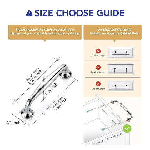 Size guide for 20 Pack 3-3/4 Inch Polished Chrome Cabinet Handles showing dimensions and mounting instructions on a cupboard.