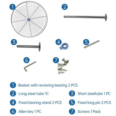 Chrome Corner Cabinet Lazy Susan Full Circle Turntable assembly parts including basket, steel tubes, stand, screws, and allen key.