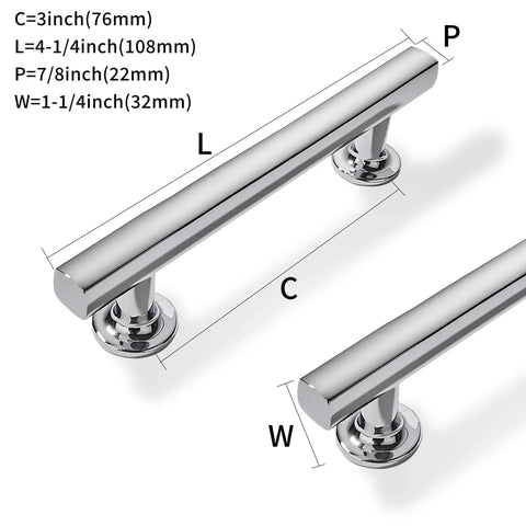 Polished Chrome Cabinet Pulls Set Of 2, 3 Inch Hole Center Square Handles For Kitchen Cabinets And Drawers, dimensions labeled